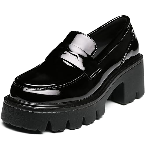 Black Platform Penny Loafers for Women, Chunky Heel Dress Shoes