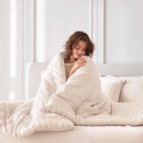 MUXHOMO 5 Pieces Twin Comforter Set, Seersucker Bed in a Bag Twin Size, All Season Luxury Bedding Set with Comforter, Flat Sheet, Fitted Sheet, Pillowcase & Sham, Beige by MUXHOMO - Image 8