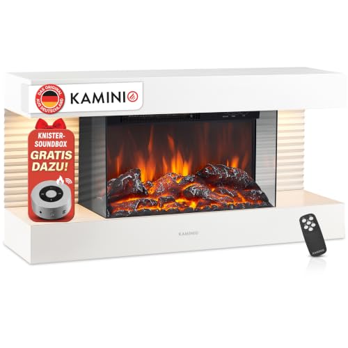 KAMINIO Elektrokamin Liz - Elektrischer Wandkamin mit Heizung 3D-Flammeneffekt LED-Ambientelicht Fernbedienung (Weiß)