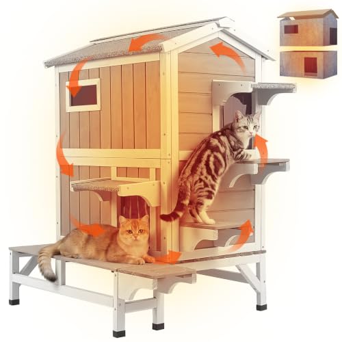 PetsCosset Insulated Outdoor Cat House for 2-3 Cats, 2-Story Wooden Shelter