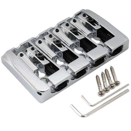 Musiclily Pro BB005 19mm Locking Saddles 4-String Bass Bridge, Chrome
