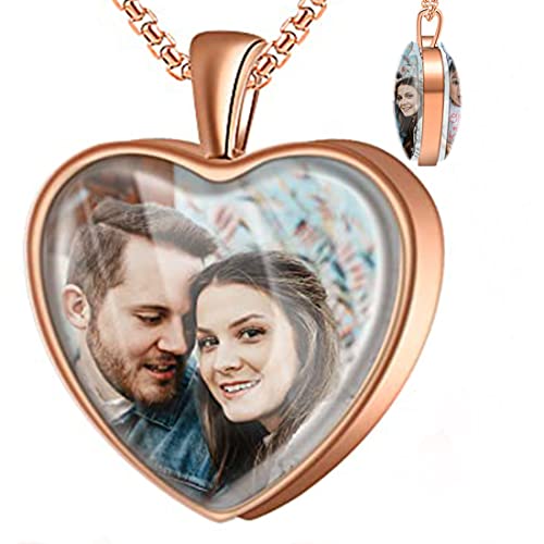 Fanery Sue Double-Sides Picture Necklace Personalized Photo For Women Men, Custom Photo Pendant With Picture Inside, Memorial Engraved Necklace With Solid Protector (Heart-Rose Gold) #TOP16