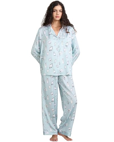 Image of YiNi LuLu Womens Silk Satin Pajamas Set Button Down 2 Piece Pjs Long Sleeve Oversized Sleepwear with Pockets