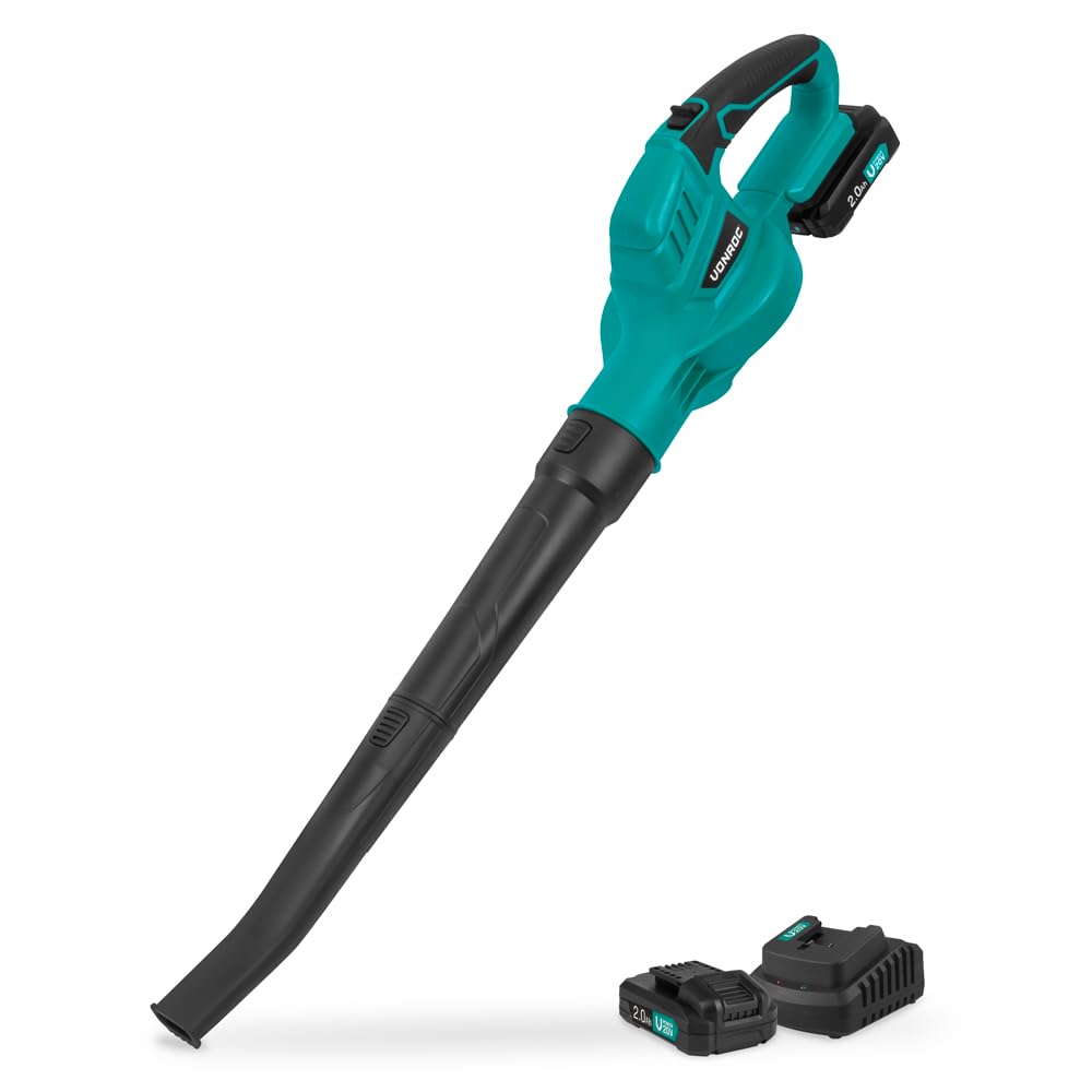 VONROC Soplador de hojas con batería, 20 V, velocidad del aire 180 kmh, potencia de soplado 5 m³, incluye batería y cargador de 2 x 2 Ah