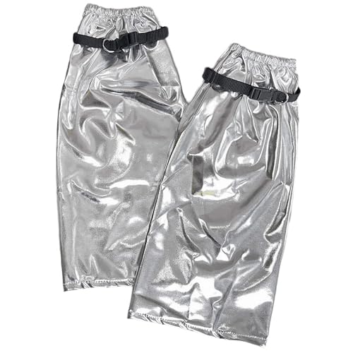 Women Metallic Silver Flared Leg Warmer Aesthetic Fashion Punk Buckled Garters Strap Baggy Leg Socks