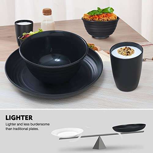12Pcs Plastic Wheat Straw Dinnerware Sets, Wheat Straw Plates And Bowls Sets For 4 College Dorm Room Essentials Microwave Dishwasher Safe (Black) #TOP2
