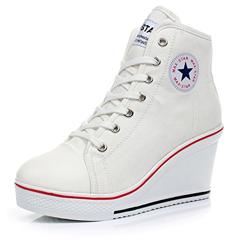 Women's High Top Ankle Boots Sneaker Sport Shoes Canvas Wedge Heels Trainers Ladies Lace Up Side Pump Shoes (7 UK, Style-2 White)