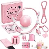 Fuelion Pilates Ring Set, Magic Circle Yoga Ring, Pilates Ball, Adjustable Ankle Wrist Weights, Resistance Bands, Mini Ball, Pilates Starter Kit for Strength, Workout Guide Included (Pink, Large-Pro)