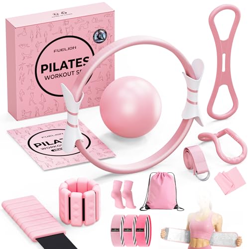 Fuelion Pilates Ring Set, Magic Circle Yoga Ring, Pilates Ball, Adjustable Ankle Wrist Weights, Resistance Bands, Mini Ball, Pilates Starter Kit for Strength, Workout Guide Included (Pink, Large-Pro)