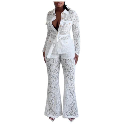 Women's 2 Piece Outfits Sexy Lace Suits Long Sleeve Button-Down Shirt and Flared Pants Elegant Sets with Belt