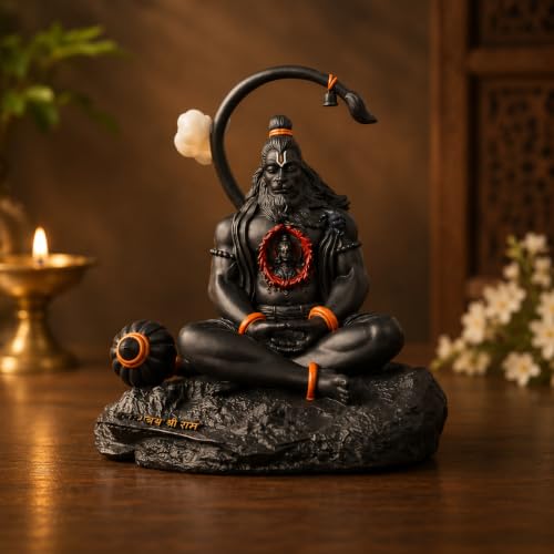 Image of POOMEE Resin Hanuman Idol Lord Hanuman Statue Black Resin Hanuman Murti for Home Mandir Pooja Room Decorative Spiritual Figurine Small 10cm Handcrafted Ram Bhakt Hanuman Gift Item