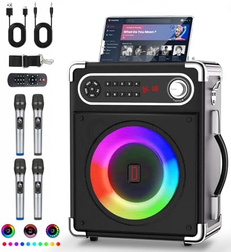 Karaoke Machine with 4 Wireless Microphones, Portable Bluetooth 5.1 Speaker for Adults Kids with LED Lights, Bass/Treble Adjustment, PA System with Remote Control, Supports FM/AUX/USB/TF for Party