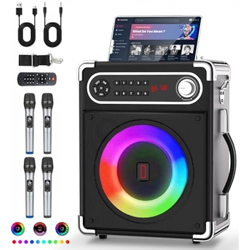 Karaoke Machine with 4 Wireless Microphones, Portable Bluetooth 5.1 Speaker for Adults Kids with LED Lights, Bass/Treble Adjustment, PA System with Remote Control, Supports FM/AUX/USB/TF for Party