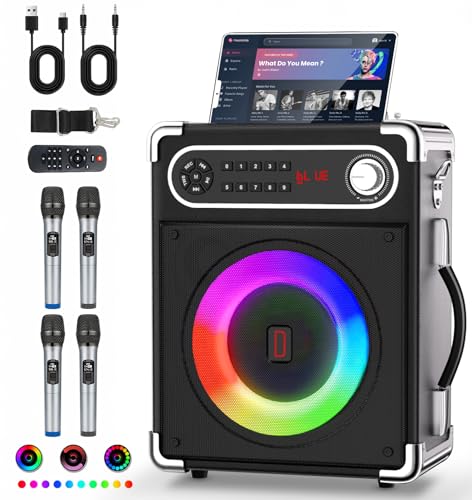 Karaoke Machine, Portable Bluetooth Speaker with 4 Wireless Mics, for Adults Kids with LED Lights...