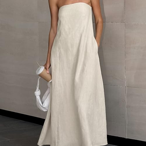 GVCXCSGE Women Strapless Linen Maxi Dress Tubular Top A-line Headband Long Beach Dress Casual Dresses, khaki, M - Image 2