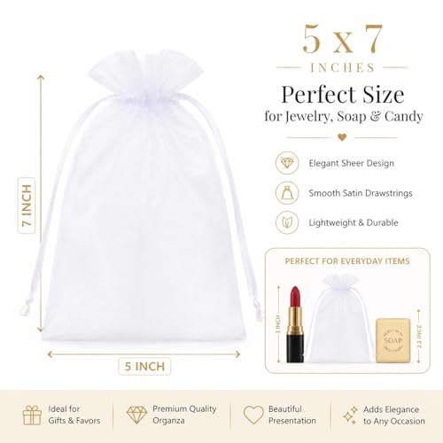 Image of Hopttreely 50Pcs White Organza Bags 5x7 Inches, Durable Mesh Gift Bags Drawstring, Jewelry Pouches Candy Treat Sachet Mesh Bag Drawstring for Wedding Party Favors Baby Shower and Fruit Protection