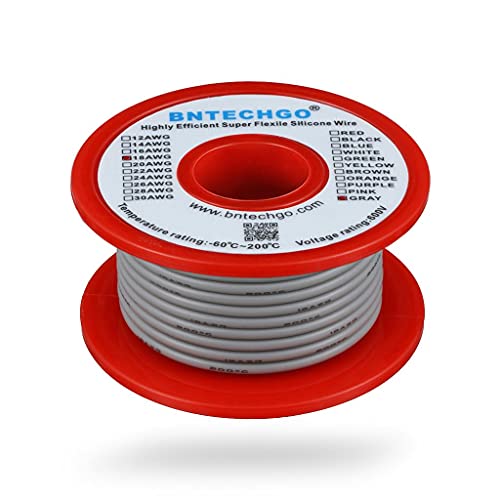 Image of BNTECHGO 18 Gauge Silicone wire spool 50 ft Gray Flexible 18 AWG Stranded Tinned Copper Wire | Flexible 18 AWG Stranded Wire Silicone Rubber Insulation For RC Models, Drone, Robot, Battery, EV Charger, 3D Printer, DIY