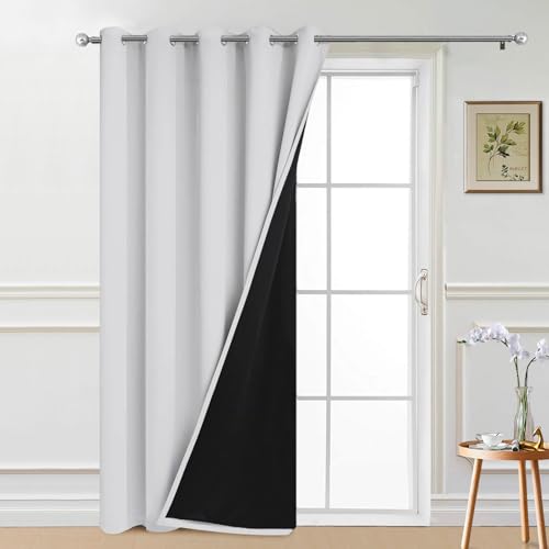 Image of Yakamok Greyish White Blackout Patio Door Curtain Panels W70 x L84,1 Panel | Noise Reducing Barrier Panel for Sliding Glass Door, 2 Thick Layers Heat Full Light Blocking Patio Door Drapery