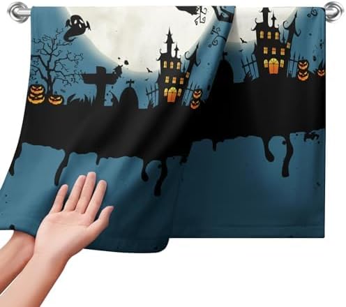 Miniatura 1 de Juego de 2 paños de cocina de bruja y luna de Halloween, juego de 2 toallas de baño espeluznantes de castillo, calabazas, murciélagos, telaraña,