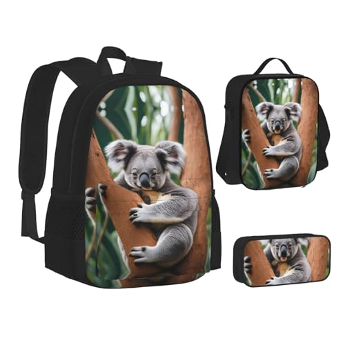 Hugging Tree Koala Print 3 Piece Set Backpack, Lunch Bag, Pencil Case, Cute Sturdy For College And Travel2