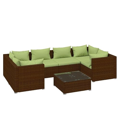 Fisinber 7-Piece Garden Lounge Set - Brown PE Rattan Outdoor Sectional Furniture with Coffee Table and Cushions - Modular Wicker Sofa Arrangement for Patio, Terrace, and Backyard - Seats 6