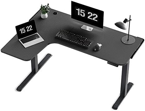 It's_Organized L Shaped Standing Desk, 61" Electric Height Adjustable Sit Stand Up Corner Computer Gaming Table Home Office Workstation with Dual Motor Memory Preset Mousepad Black Frame, Left Side