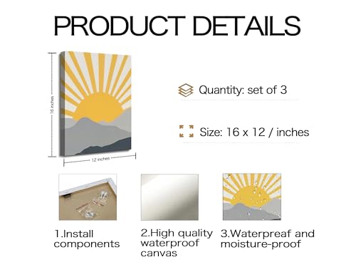 Image of Frimeeme Modern Boho Sun Canvas Wall Art, Set of 3, Framed | Yellow and Gray Mountain Sunrise, 12x16 Inch Each, Ready To Hang