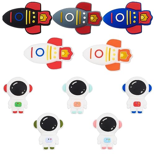 SUNNYCLUE 10 Styles Silicone Focal Cute 3D Astronaut Beads Charms Bulk Cartoon Spaceman Planet Chunky Colorful Rubber Beads for Beaded Pens Lanyards Keychain