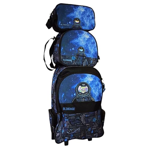 BLINDAGE Mochila Escolar com Rodas 3 Peças, Tema Astronauta Espacial, Azul Galáxia