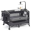 QUTANIX Baby Bedside Bassinet Sleeper,5-in-1 Pack and Play with Full-Size Bassinet,Baby Playard with Changing Table,Storage Shelf,Music Mobile with Soft Toys for Newborn to Toddlers (Grey)