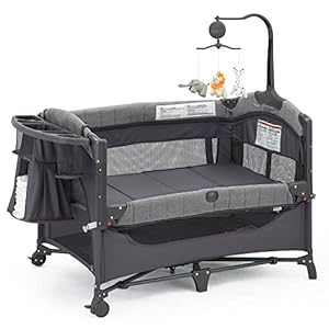 Baby Bassinet Bedside Bassinet Sleeper, 5-in-1 Pack and Play with Full-Size Bassinet,Baby Playard with Changing Table,Storage Shelf,Music Mobile with Soft Toys for Newborn to Toddlers (Grey)