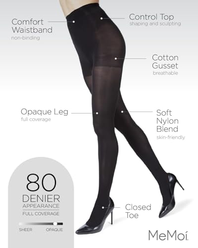 MeMoi Velvet Touch Opaque Tights, Comfortable and Breathable Control Top Tights, 80 Denier Opaque Finish - Sizes S-Q23