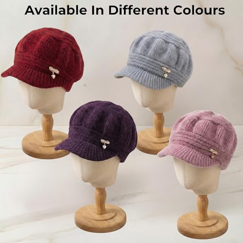 Image of Kraptick Women's Winter Knit Visor Beanie Hat with Soft Fleece Lining, Stylish Woollen Slouchy Warm Cap for Ladies, Snow Sun Shield Knit Cap for Winter -2