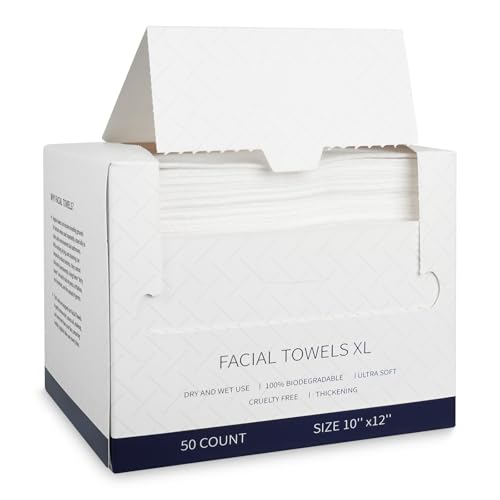 Disposable Face Towels, 50 Count Ultra Soft Biodegradable Facial Cleansing Cloths, Lint-Free Makeup Remover Cloth in Paper Box
