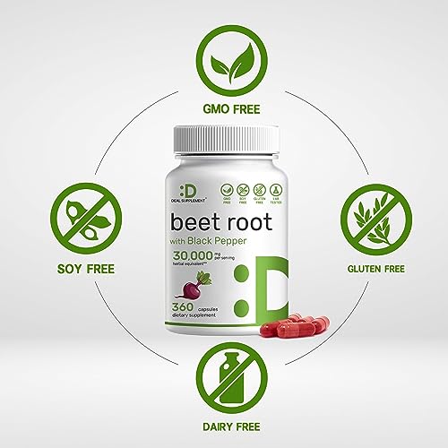 Beet Root Capsules 30000mg Per Serving, 360 Count, with Black Pepper Extract – Enhanced Absorption, Pure Beet Root Powder Source
