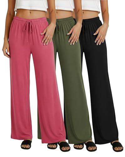 Image of Real Essentials 3 Pack: Women's Soft Palazzo Pants - Wide Leg Yoga Casual Loungewear Pajama Pj Bottoms (Plus Available)