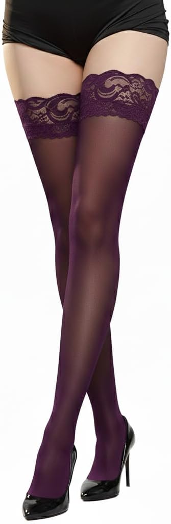 Women’s Lace Top Sheer Thigh High Stockings - Sexy Nylon Hold Up Hosiery for Lingerie, Costume, Parties