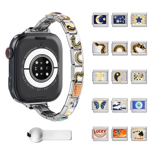 Italian Charm Bracelet Apple Watch Band for Men Women, DIY Stainless Steel Watch Strap Compatible with Apple Watch Series 10/SE/9/8/7/6/5/4/3/2/1 (38~46mm), 15 Charms & Tool Included (44/45/46mm)
