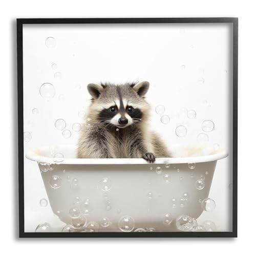 Image of Raccoon Bubble Bath Bathroom Charm, 17 x 17 Inch Framed Giclee Print | Stupell Industries . By Lazar Studio . Ready to hang . Whimsical gift for bath or laundry spaces . Made in USA