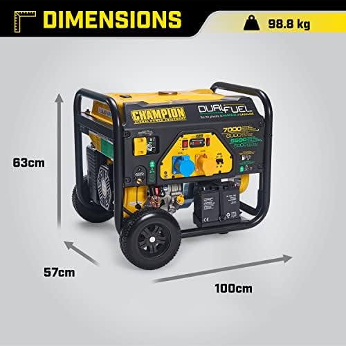 Champion Power Equipment CPG7500E2-DF 7000 Watt LPG Dual Fuel Portable Frame Generator - 439cc Engine - Petrol or Propane, 19 Hours Max, Electric Start, Intelligauge Display, Shut Off Sensor