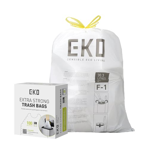 Image of EKO 8 Gallon / 30.3 Liter,100 Count Drawstring Trash Bags, Extra-Strong Unscented Garbage Bags, Easy-Dispense Roll for Kitchen & Household Use, Resists Tears, Leaks and Punctures, Code F-1, White