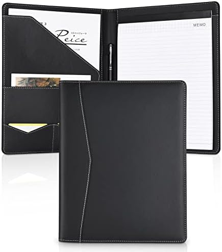 Padfolio Portfolio Leather Binder, Interview Legal Document Organizer, Business Card Holder Included Letter Sized Writing Pad [Piano Noir Faux Leather Matte Finish]