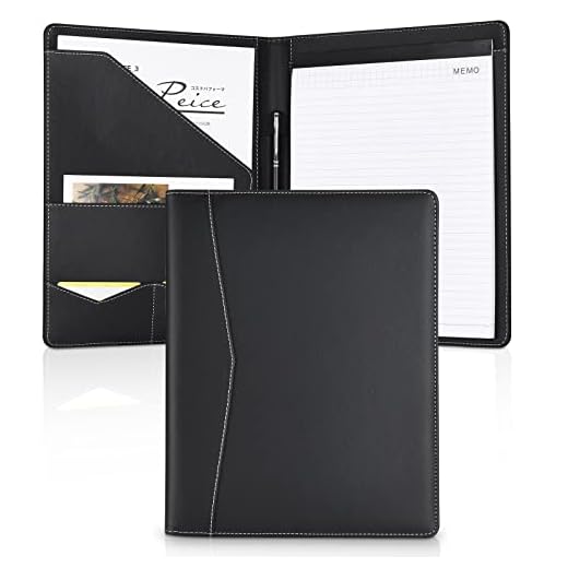Padfolio Portfolio Leather Binder, Interview Legal Document Organizer, Business Card Holder Included Letter Sized Writing Pad [Piano Noir Faux Leather Matte Finish]