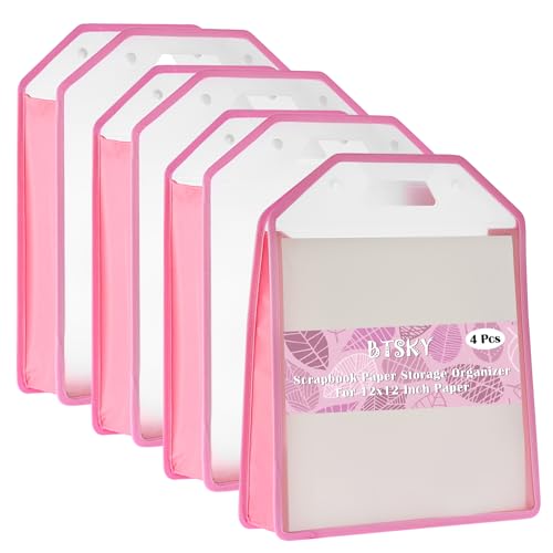 Image of BTSKY 4 Pack 12x12 Scrapbook Paper Storage Organizer, Portable Scrapbook Organizer with Buckle, Expanding Paper Folio Plastic File Organizer for Holding Scrapbook, Vinyl Craft Paper, Cardstock(Pink)