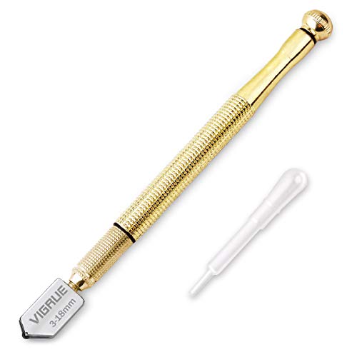 VIGRUE 3mm-18mm Glass Cutter Professional Heavy Duty Golden Handle Pencil Style Oil Feed Carbide Tip Glass Cutter Cutting Tools for Mosaic/Tiles/Mirror/Stained Glass Cutting