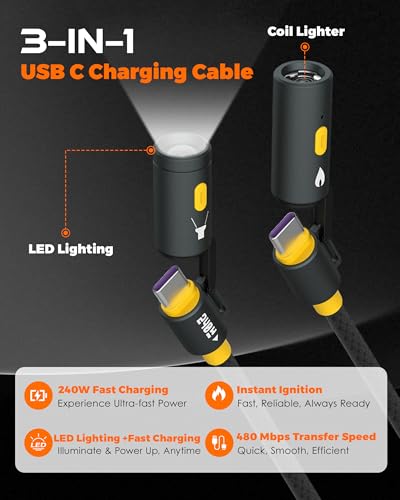 chubbycable ChubbyWild 240W Rugged Charging Cable with Arc Ignite and Emergency Light USB C Fast Charging Cable for Outdoor Emergency Use, 240W – Coil Lighter & LED-Yellow