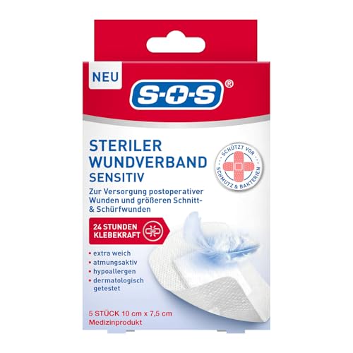 SOS Steriler Wundverband SENSITIV (5 Stück 10cm x 7,5cm) – extra weiche & atmungsaktive Wundauflagen, hypoallergen, nicht-verklebend, dermatologisch getestet – Schutz vor Schmutz & Bakterien