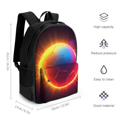 Backpack with Zippered Side Pockets, Unisex Football Ball Fire Soccer Breathable Backpack for Hiking, Gym, Fashion Adjustable Shoulder Bag2