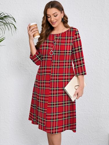 Image of AusLook Women's Plus Midi Dresses Crew Neck A Line 3 /4 Sleeves Casual Elegant Loose Wedding Vacation Dress with Pockets