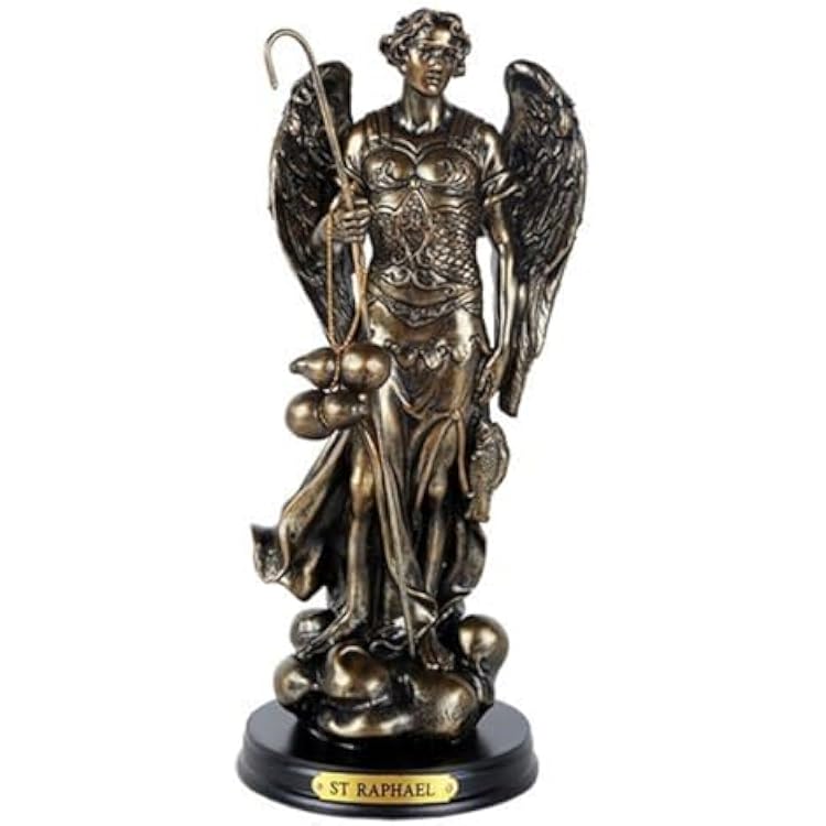 Pacific Giftware Archangel St. Raphael with Staff and Healing Oil Patron Saint of Travellers and Medical Workers Black Base with Brass Name Plate Bronze-Finished Religious Figurine 8.25 H